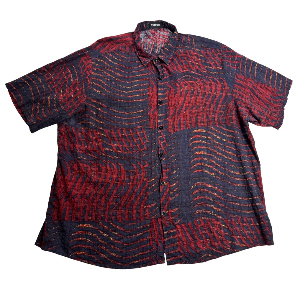 VatPave Button Up Shirt Men Red Navy Abstract Wavy Print Excellent XXL